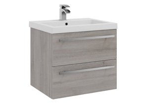 Furniture & Mirrors Purity 600mm Wall Mounted 2 Drawer Unit & Mid Depth Ceramic Basin - Grey Ash H 500 X W 600 X D 450